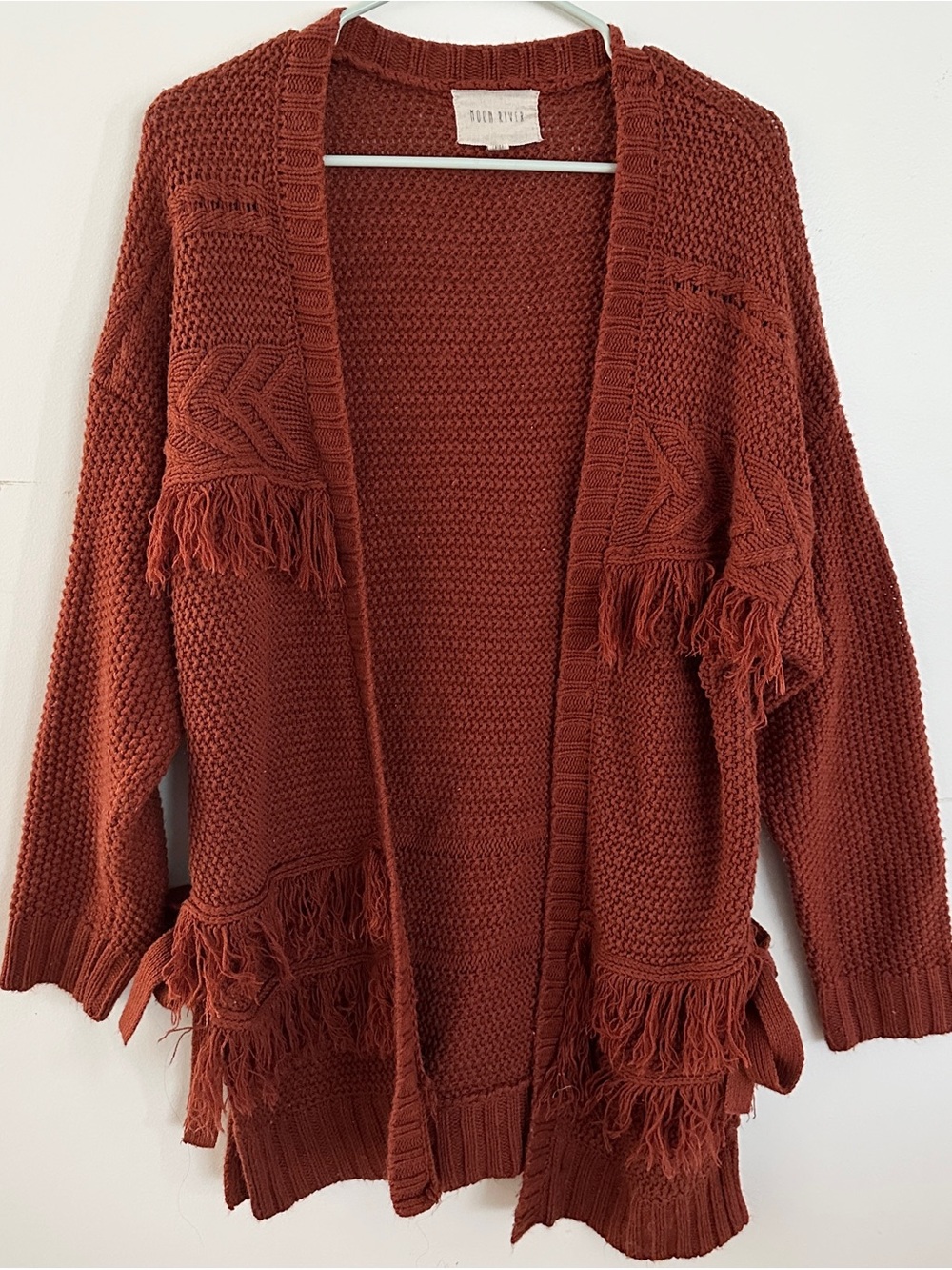 Moon River Rust Fringe Open-Front Knit Cardigan